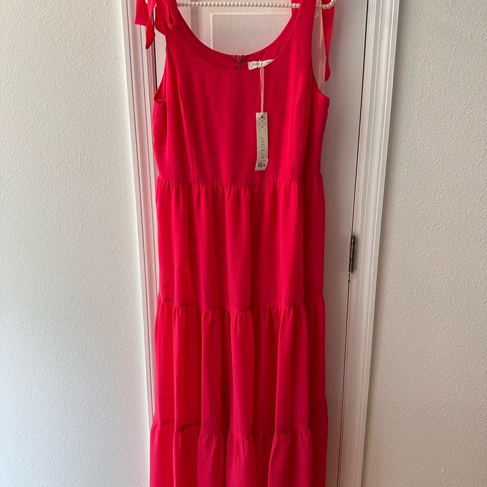 She + Sky Bright Pink Tiered Maxi Dress with Tie Straps